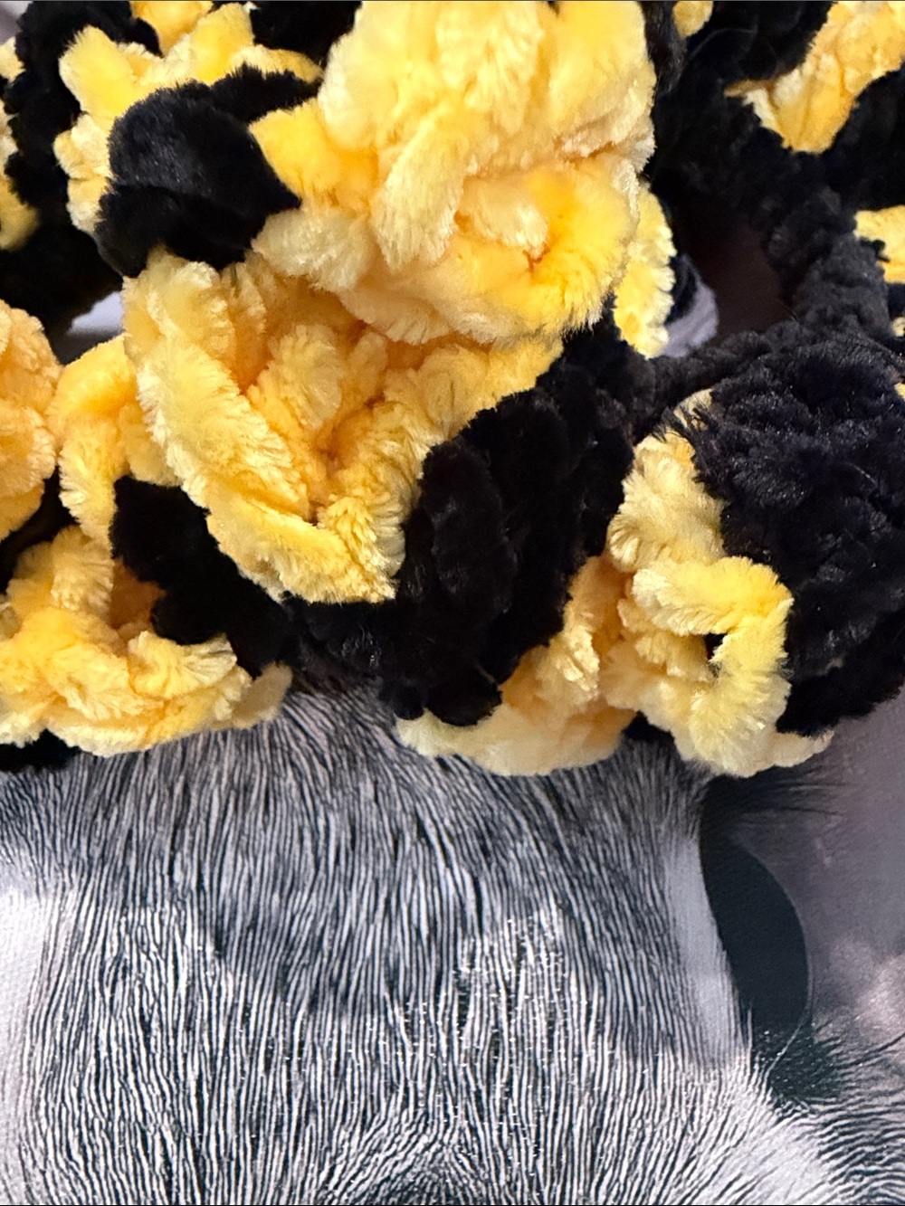 Set of 2 Hand Crafted Yellow and Black Plush Hair Scrunchies - Picture 3 of 3